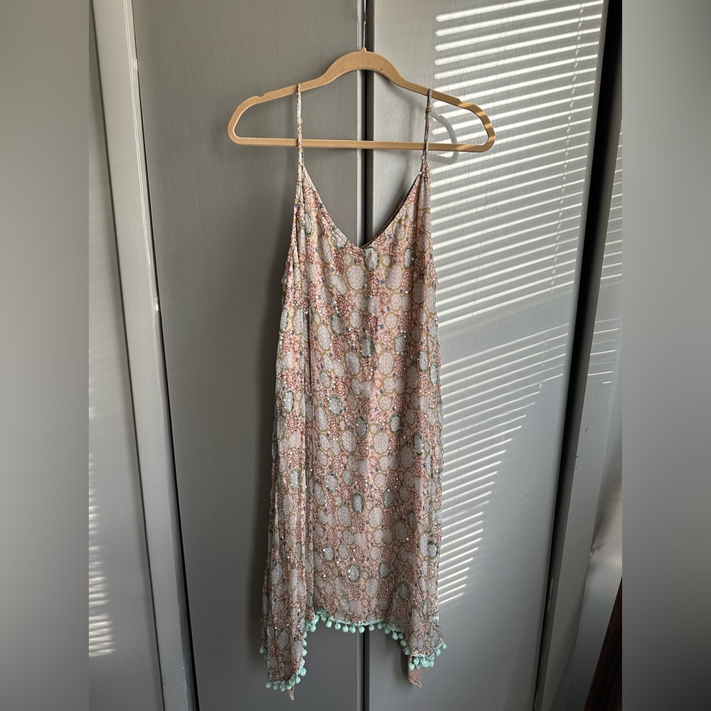 RAGA Pink Floral Midi Slip Dress with Mint Pom Trim
